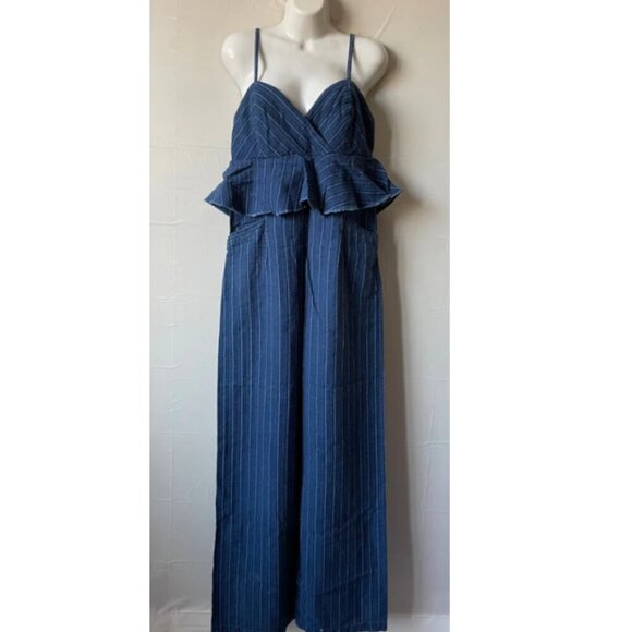 Anthropologie Denim Jumpsuit Womens Blue Sleeveless Peplum Ruffled Striped Long - Picture 3 of 9